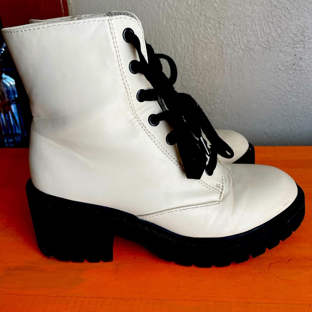Target brand white fake leather combat boot.